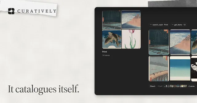 Social ad for Curatively: "It catalogues itself." Editorial style, image led layout, light palette in black, white, grey.