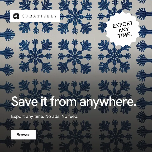 Instagram post for Curatively: "Save it from anywhere." Swiss style, sticker layout, dark palette in grey, black, white.