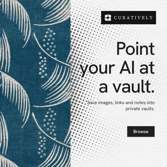 Instagram post for Curatively: "Point your AI at a vault." Swiss style, right layout, light palette in blue, white, grey.