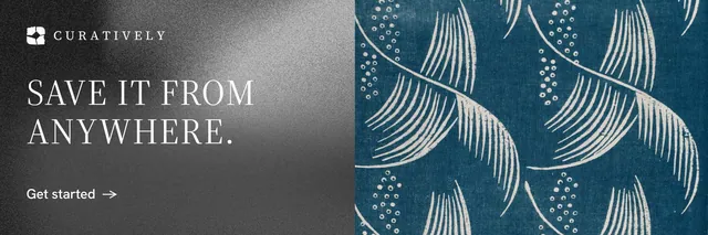 X header for Curatively: "Save it from anywhere." Minimal luxury style, bottom layout, dark palette in blue, grey.