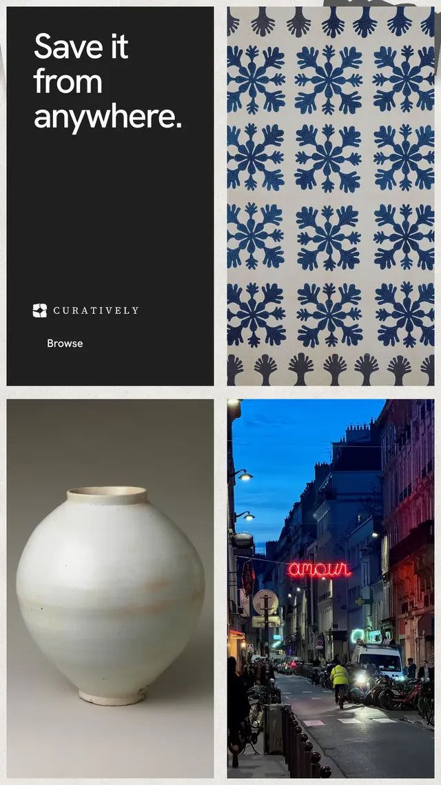Instagram story for Curatively: "Save it from anywhere." Swiss style, collage layout, dark palette in black, grey, white.