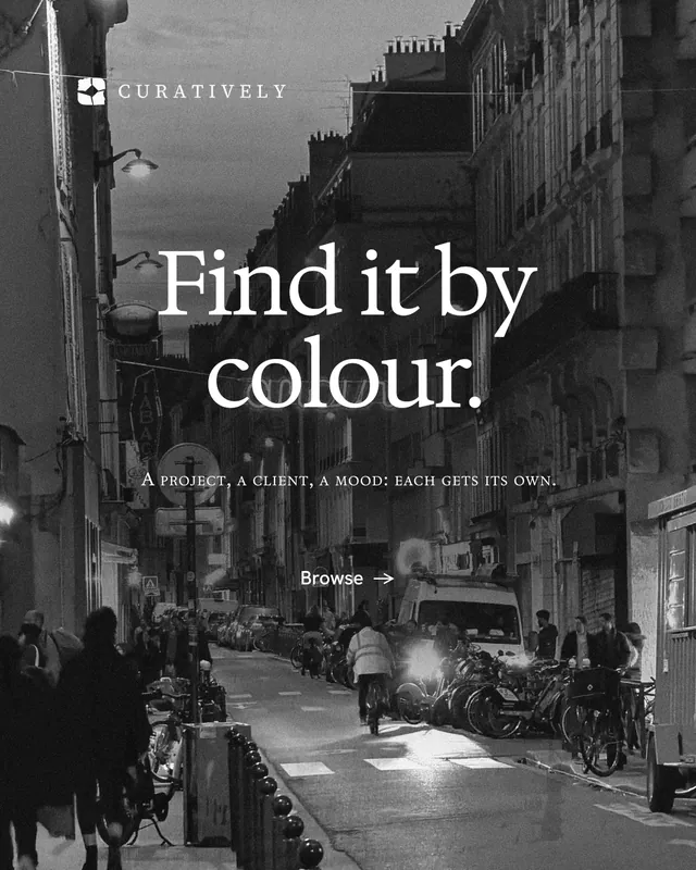 Instagram portrait post for Curatively: "Find it by colour." Minimal luxury style, smallcaps layout, dark palette in black, grey.