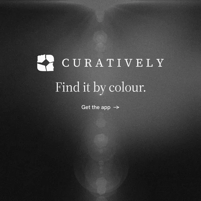 Instagram post for Curatively: "Find it by colour." Minimal luxury style, logo hero layout, dark palette in grey, black.