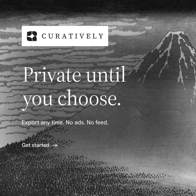 Instagram post for Curatively: "Private until you choose." Minimal luxury style, announce layout, dark palette in grey, black.