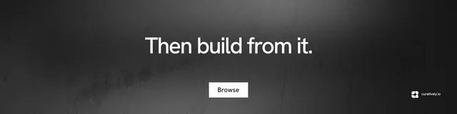 LinkedIn banner for Curatively: "Then build from it." Swiss style, centred layout, dark palette in black, grey.