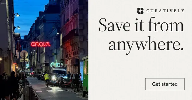 Social ad for Curatively: "Save it from anywhere." Editorial style, right layout, light palette in white, purple, blue.