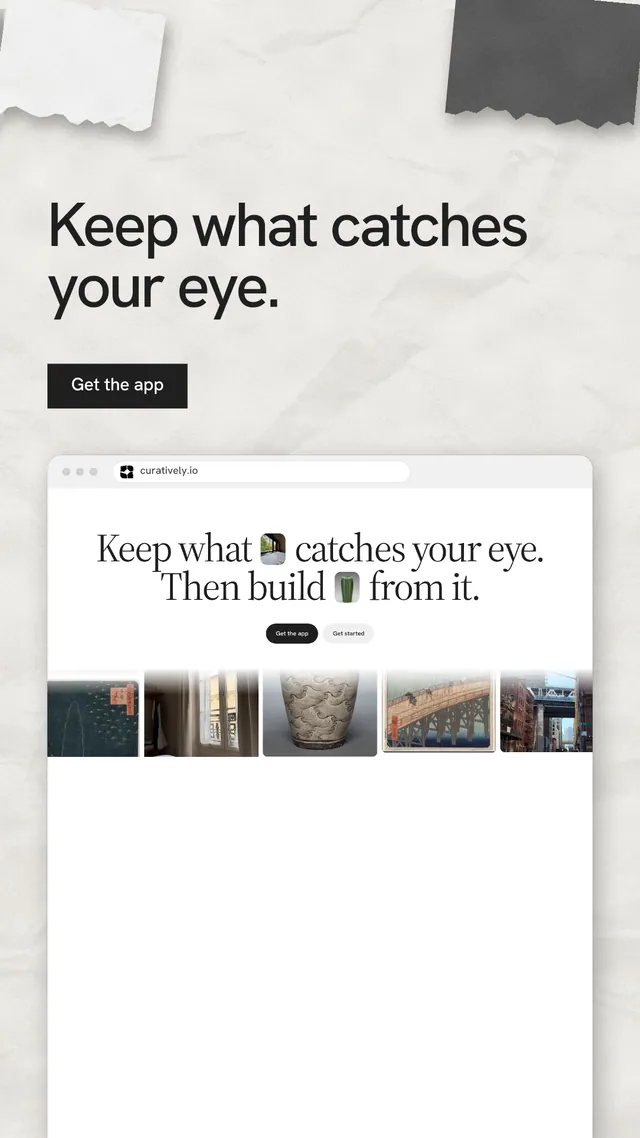 Instagram story for Curatively: "Keep what catches your eye." Swiss style, browser layout, light palette in white, grey.