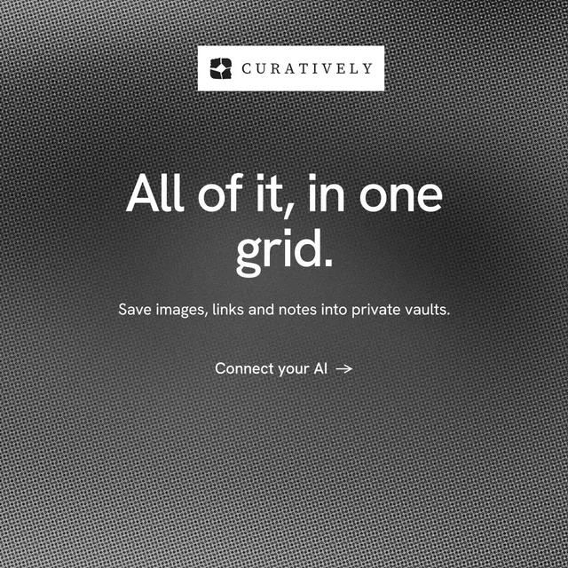 Instagram post for Curatively: "All of it, in one grid." Minimal luxury style, centred layout, dark palette in grey, black.