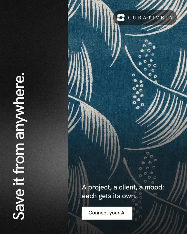Instagram portrait post for Curatively: "Save it from anywhere." Swiss style, vertical layout, dark palette in black, blue, grey.