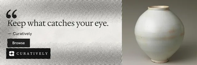 X header for Curatively: "Keep a vault for each thing you make." Swiss style, quote layout, light palette in grey, white.