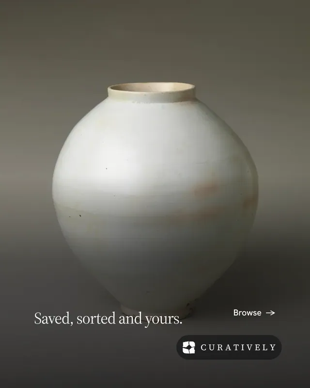 Instagram portrait post for Curatively: "Saved, sorted and yours." Editorial style, image led layout, dark palette in grey, black.