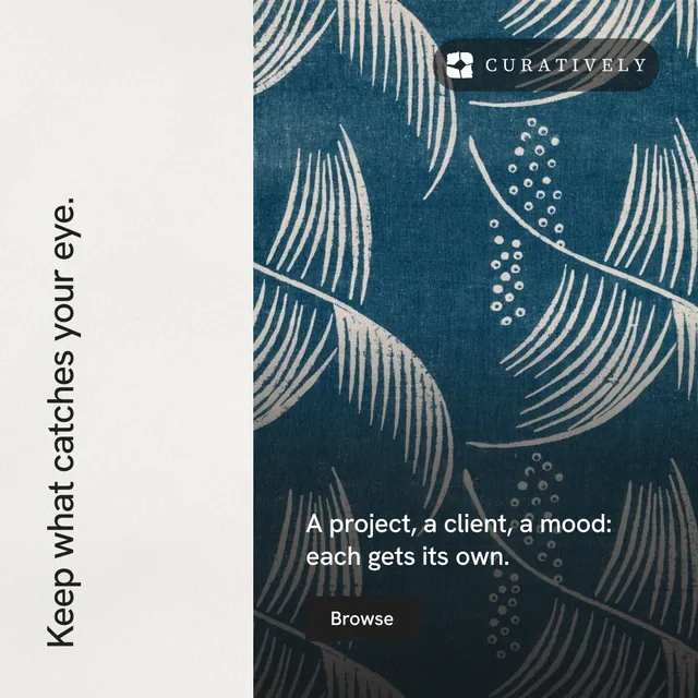Instagram post for Curatively: "Keep what catches your eye." Swiss style, vertical layout, light palette in blue, white, grey.