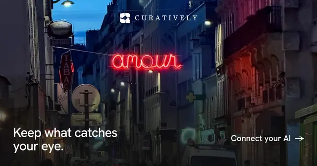 Social ad for Curatively: "Keep what catches your eye." Minimal luxury style, image led layout, dark palette in black, pink, grey.
