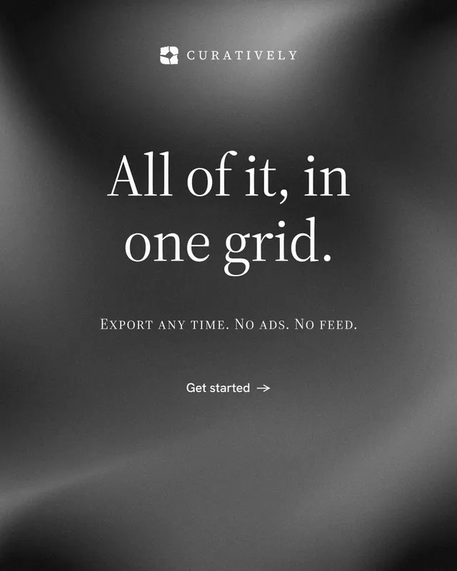 Instagram portrait post for Curatively: "All of it, in one grid." Minimal luxury style, smallcaps layout, dark palette in black, grey.