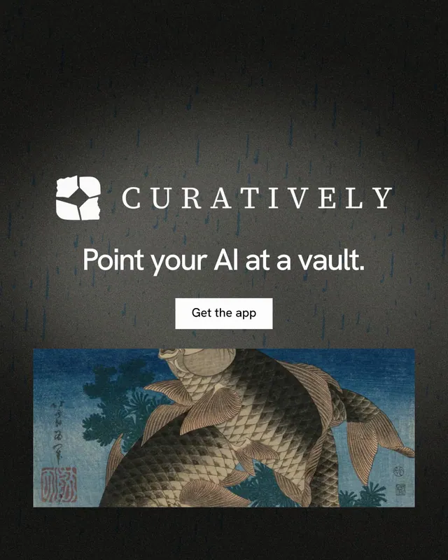Instagram portrait post for Curatively: "Point your AI at a vault." Swiss style, logo hero layout, dark palette in grey, black.