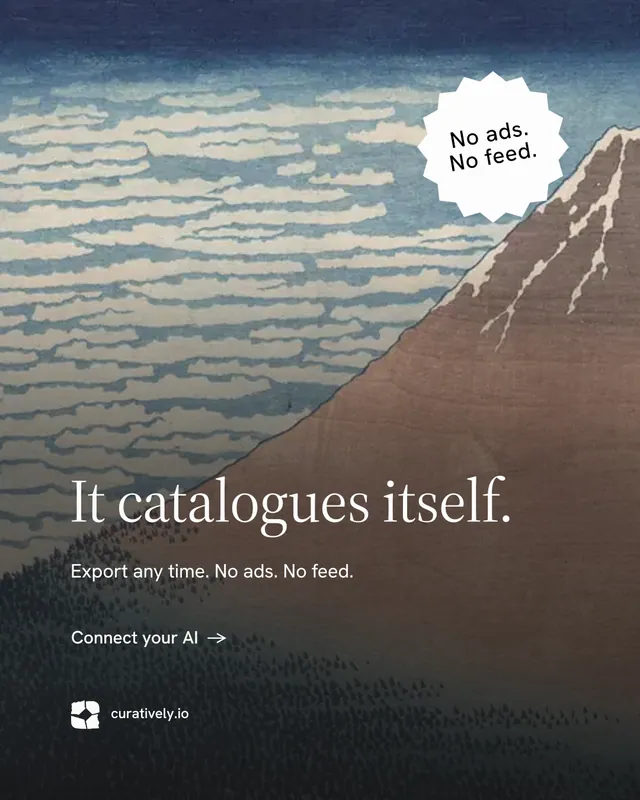 Instagram portrait post for Curatively: "It catalogues itself." Minimal luxury style, sticker layout, dark palette in grey, black.
