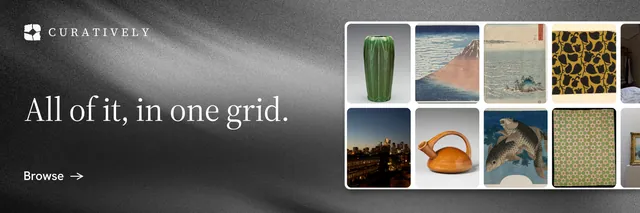 X header for Curatively: "All of it, in one grid." Minimal luxury style, bottom layout, dark palette in grey, black.