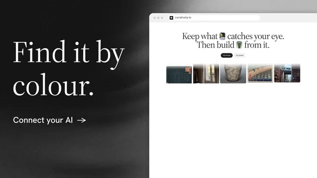 Landscape graphic for Curatively: "Find it by colour." Minimal luxury style, browser layout, light palette in white, black.