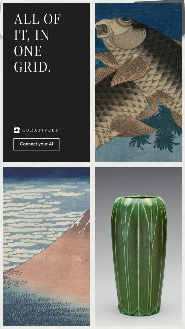 Instagram story for Curatively: "All of it, in one grid." Editorial style, collage layout, light palette in grey, black.