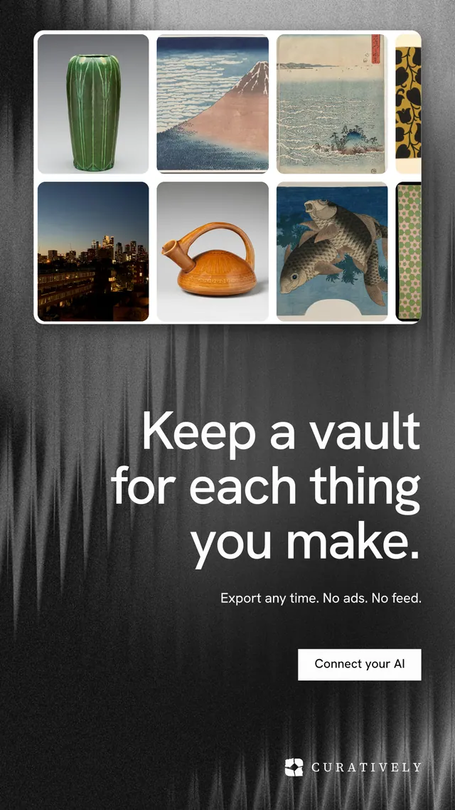 Instagram story for Curatively: "Keep a vault for each thing you make." Swiss style, right layout, dark palette in grey, black.
