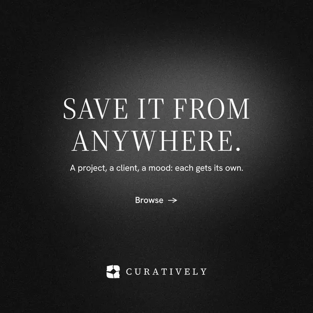 Instagram post for Curatively: "Save it from anywhere." Minimal luxury style, centred layout, dark palette in black, grey.
