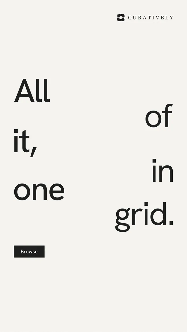Instagram story for Curatively: "All of it, in one grid." Swiss style, stacked layout, light palette in white.