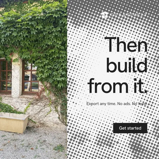 Instagram post for Curatively: "Then build from it." Swiss style, right layout, light palette in grey, white.