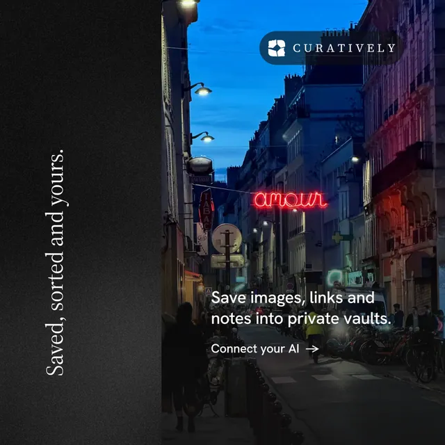 Instagram post for Curatively: "Saved, sorted and yours." Minimal luxury style, vertical layout, dark palette in black, blue.