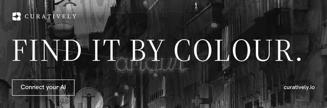 X header for Curatively: "Find it by colour." Editorial style, poster layout, dark palette in black, grey.