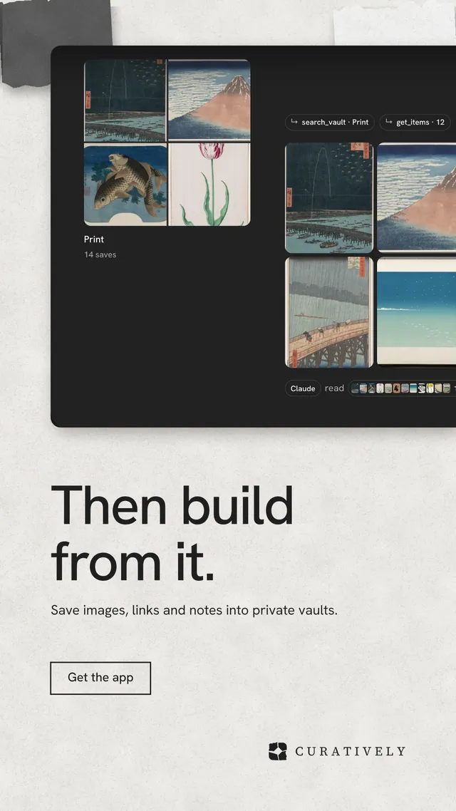 Instagram story for Curatively: "Then build from it." Editorial style, bottom layout, light palette in white, black, grey.
