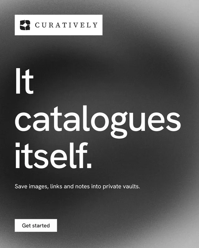 Instagram portrait post for Curatively: "It catalogues itself." Swiss style, announce layout, dark palette in grey, black.