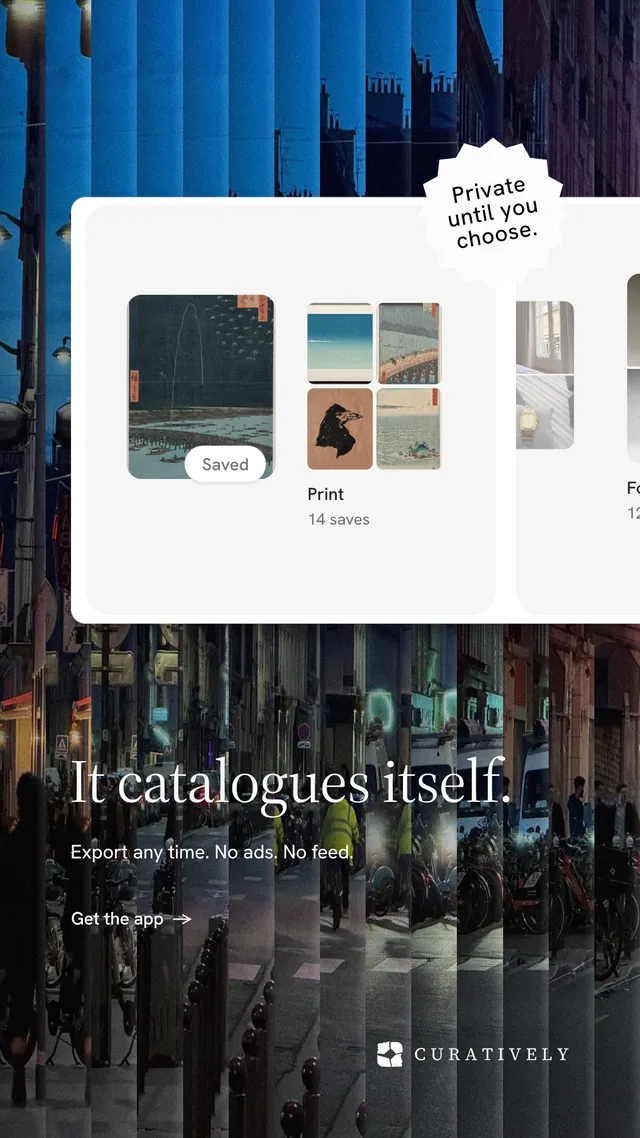 Instagram story for Curatively: "It catalogues itself." Minimal luxury style, sticker layout, light palette in white, black, blue.