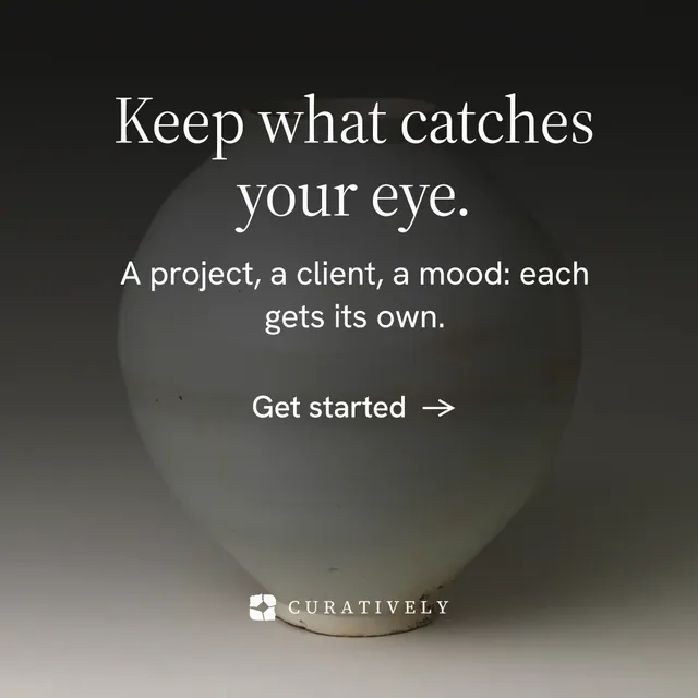 Instagram post for Curatively: "Keep what catches your eye." Minimal luxury style, skeleton layout, dark palette in grey, black.