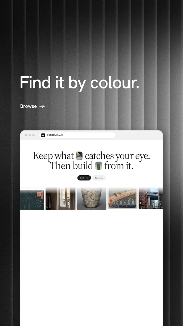Instagram story for Curatively: "Find it by colour." Minimal luxury style, browser layout, light palette in white, black, grey.