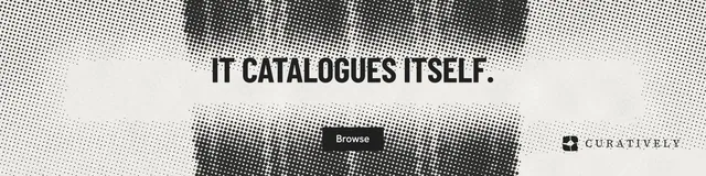 LinkedIn banner for Curatively: "It catalogues itself." Retro print style, centred layout, light palette in grey, white.