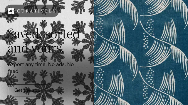 Landscape graphic for Curatively: "Saved, sorted and yours." Editorial style, bottom layout, dark palette in blue, grey.