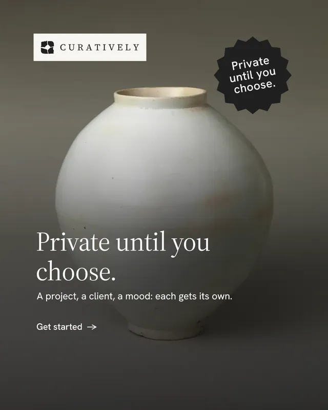 Instagram portrait post for Curatively: "Private until you choose." Minimal luxury style, sticker layout, dark palette in black, grey.