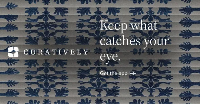 Social ad for Curatively: "Keep what catches your eye." Minimal luxury style, logo hero layout, dark palette in grey, blue.