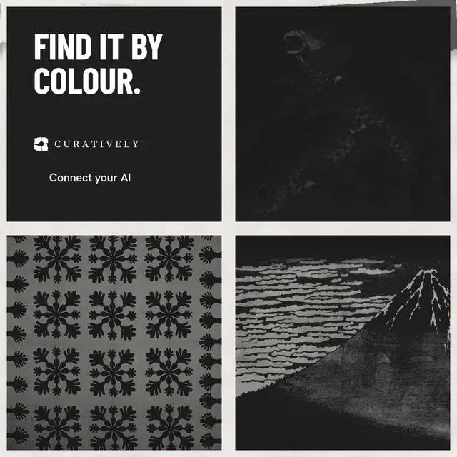 Instagram post for Curatively: "Find it by colour." Retro print style, collage layout, dark palette in grey, black.