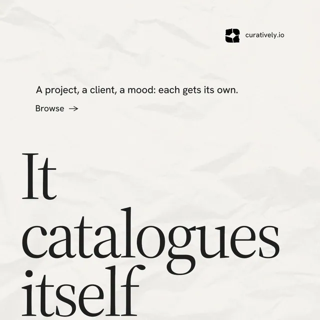 Instagram post for Curatively: "Find it by colour." Minimal luxury style, oversized layout, light palette in white, grey.