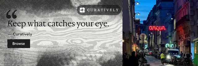 X header for Curatively: "Then build from it." Swiss style, quote layout, light palette in blue, grey, white.