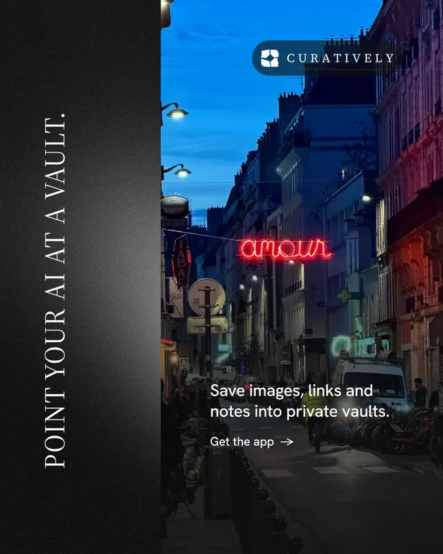 Instagram portrait post for Curatively: "Point your AI at a vault." Minimal luxury style, vertical layout, dark palette in black, grey, blue.