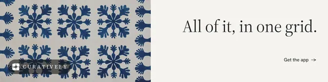 LinkedIn banner for Curatively: "All of it, in one grid." Minimal luxury style, right layout, light palette in white, grey.
