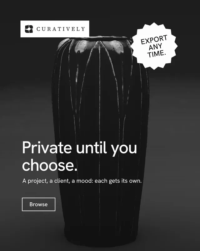 Instagram portrait post for Curatively: "Private until you choose." Editorial style, sticker layout, dark palette in black, grey.