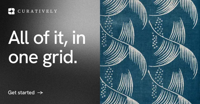 Social ad for Curatively: "All of it, in one grid." Minimal luxury style, bottom layout, dark palette in blue, black, grey.