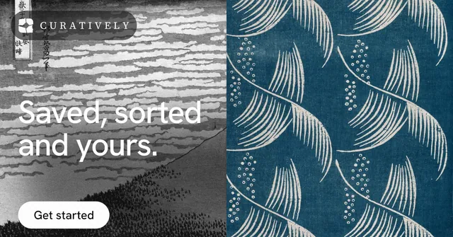 Social ad for Curatively: "Saved, sorted and yours." Photo poster style, bottom layout, light palette in grey, blue.