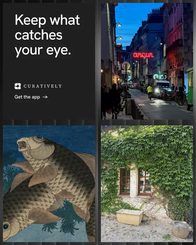 Instagram portrait post for Curatively: "Keep what catches your eye." Minimal luxury style, collage layout, dark palette in black, grey, blue.