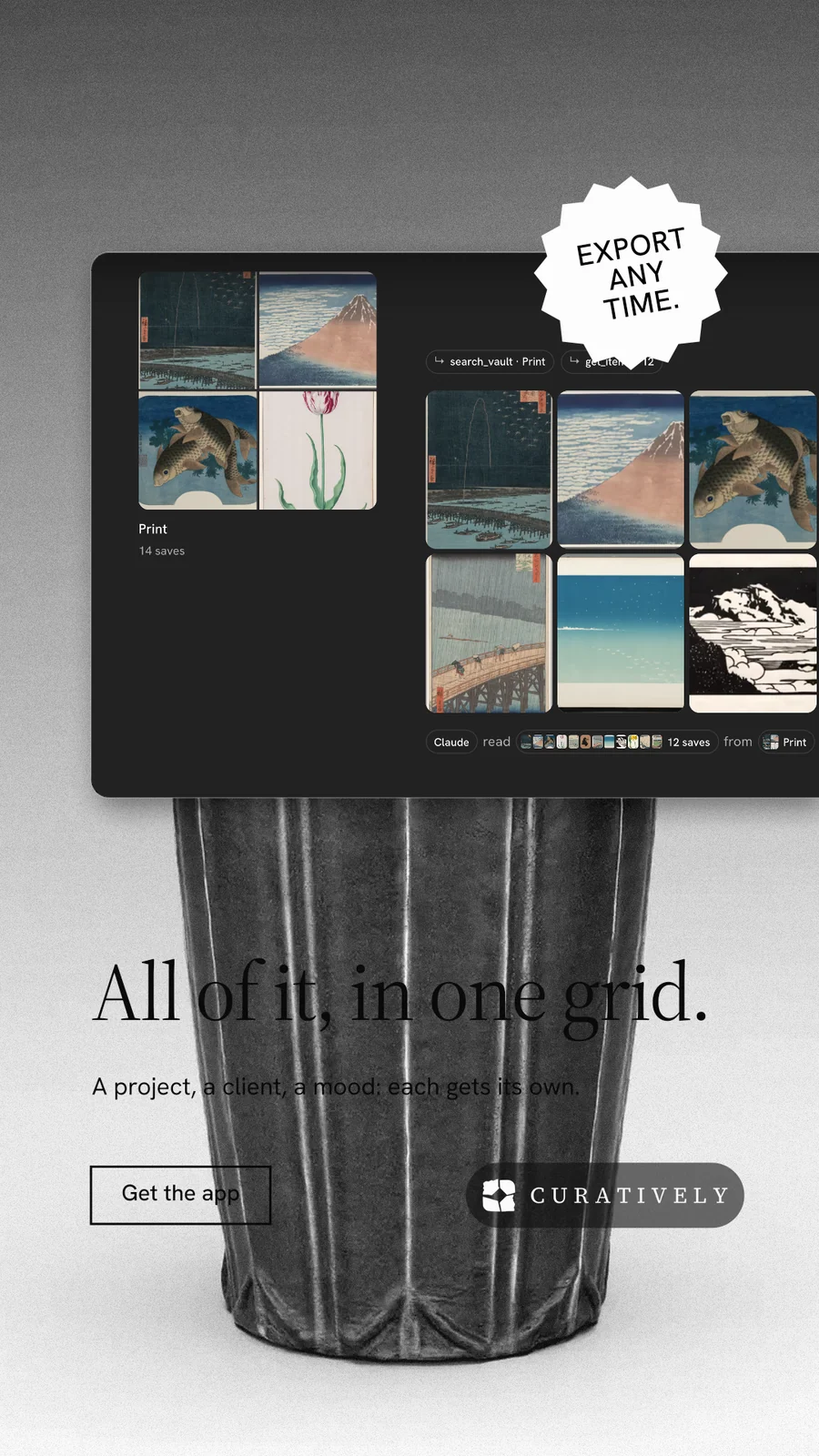 Instagram story for Curatively: "All of it, in one grid." Editorial style, sticker layout, light palette in white, grey, black.