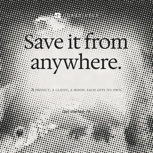 Instagram post for Curatively: "Save it from anywhere." Retro print style, smallcaps layout, light palette in grey, white.