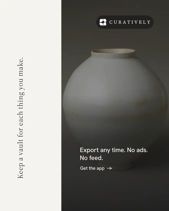 Instagram portrait post for Curatively: "Keep a vault for each thing you make." Minimal luxury style, vertical layout, light palette in white, black, grey.